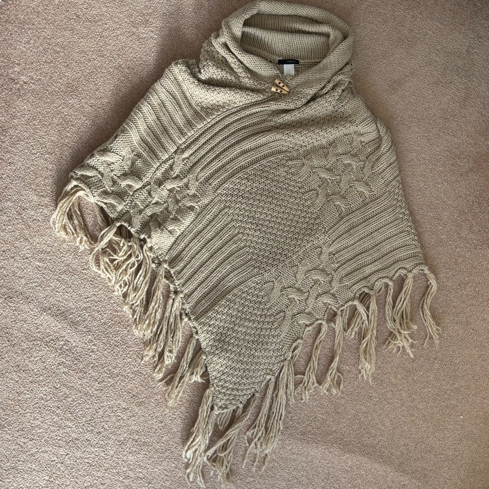 Maurice’s Tan/Cream/Beige Knit Poncho with Fringe - One Size Fits All
